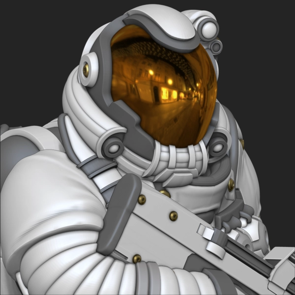 S.A.T.O.R. Centurion close-up portrait — gold visor reflecting orbital scene