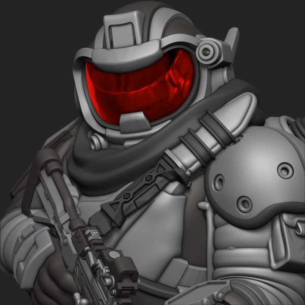 R.O.T.A.S. Space Dog close-up portrait — red visor and tactical scarf